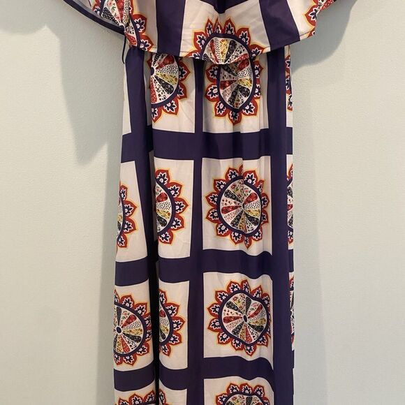 Boho Off Shoulder Maxi Dress Small Purple Geometric Folk Print Ruffle Festival - Picture 5 of 14